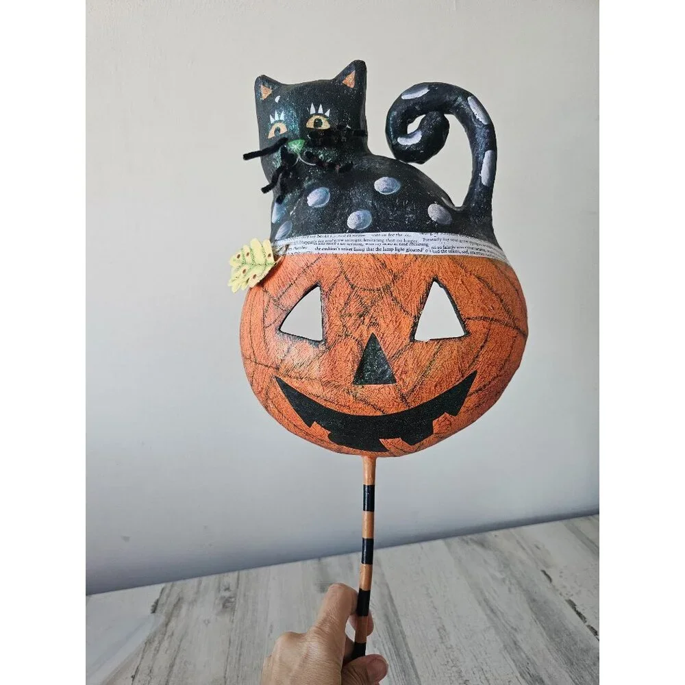 Halloween shabby chic cat pumpkin face mask hanging unique‎ paper mache decor